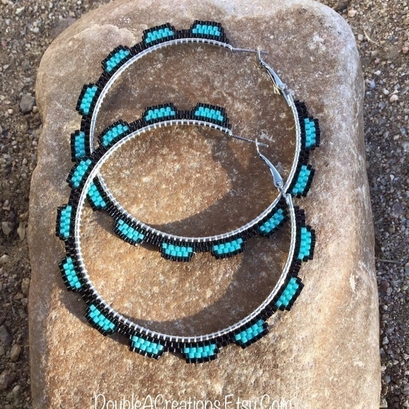 Turquoise Beaded Hoops, New, Handmade by Me - Picture 8 of 14